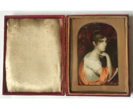 Early 19th century portrait miniature of a woman in a white dress with an orange stole
Watercolour on ivory, 8.5cm x 6.5cm
Co