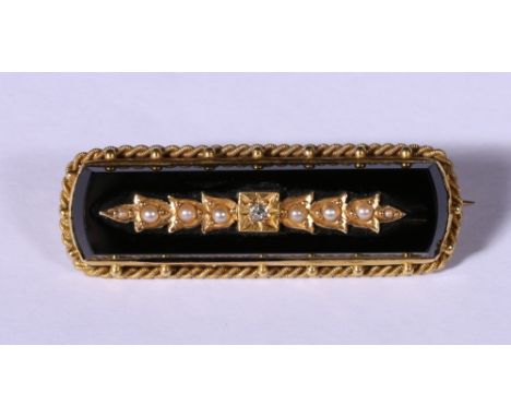 Victorian 15ct gold and enamel mourning bar brooch set with diamond point and seed pearls, inscription dated 1891