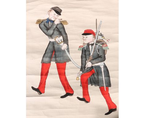 A 19th century Chinese small scroll painting depicting foreign soldiers, another depicting a Moor, etc , two bone fans and va