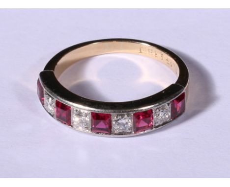 18ct gold and platinum diamond and ruby half eternity ring with round brillant diamond and square cut rubies, marked Plat & 1