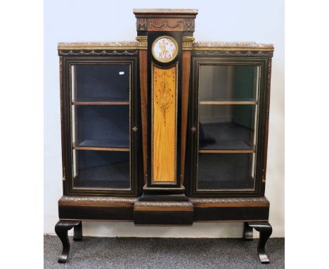 Victorian gilt brass ebonised satinwood credenza with red marble top, inset porcelain panel on later cabriole supports, 135cm