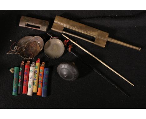 a group of Chinese items including ink sticks, opium pipe bowl, two opium scales and two Chinese locks