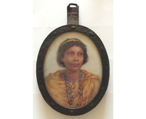 L S (Possibly Lillie (Lily) Stein)
An interesting late 19th century portrait miniature of an African woman in a gold gown and