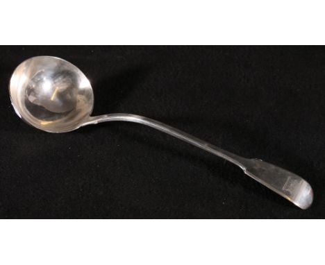 William IV silver fiddle pattern soup ladle with boar engraved crest, London 1831