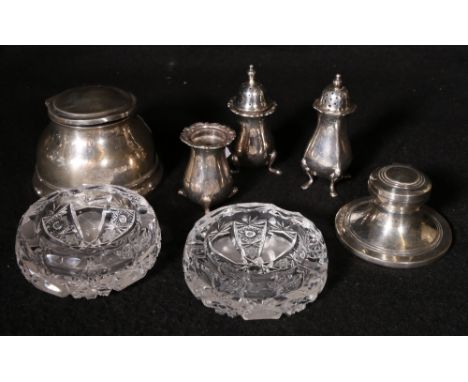 Silver inkwell 6.5cm together with a smaller silver inkwell 4cm, three peppers and a pair of cut glass salts (7)