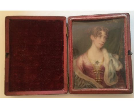 William J Thomson (1771-1845)
Portrait miniature of a woman wearing a rose coloured dress and a blue fur edged stole
Watercol