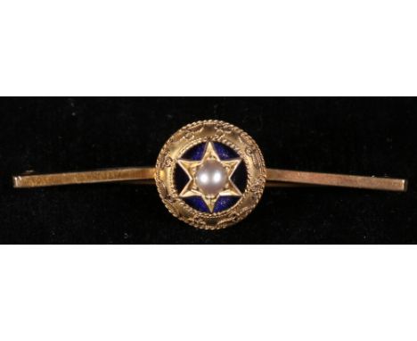 9ct gold bar brooch, blue enamel cushion centre set pearl, in fitted case