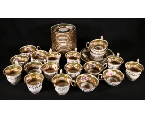 Victorian thirty seven piece gilt porcelain part tea service, the reserve with birds and flowers on a green ground, pattern n