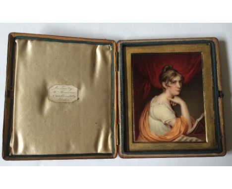 William J Thomson (1771-1845)
Portrait miniature of a woman in a white dress with an orange stole
Watercolour on ivory, 8.5cm