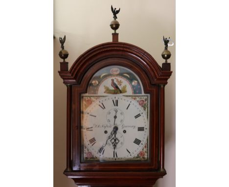 Victorian satinwood and mahogany longcase clock by maker J A Naftels of Guernsey, the enamelled dial with Roman numerals havi