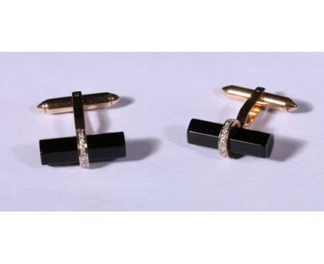 Pair of Art Deco 14ct gold diamond and onyx bar cufflinks