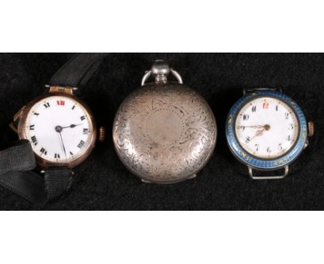 Ladies 9ct gold wristwatch on a moire strap, white enamel dial and a Ladies "800" silver and blue champleve enamel wrist watc