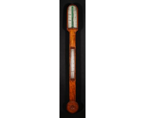 Late Victorian stick barometer by Gardner & Co of Glasgow of arched form with ivory indicator dial and thermometer. 92cm high