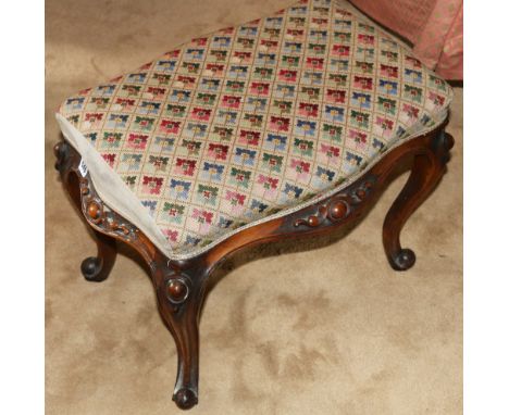 Victorian serpentine walnut dressing stool with tapestry seat raised on cabriole supports