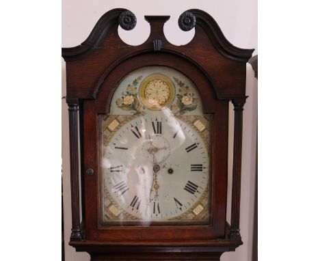 George III oak longcase clock by maker La? of Kirkcudbright having enamelled dial with Roman numerals, the case with swan nec