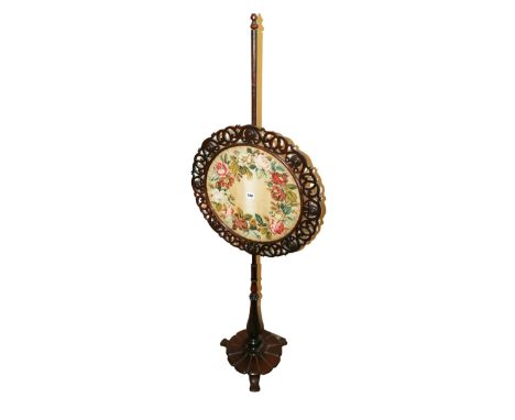 Victorian rosewood pole screen with fret cut framed tapestry panel on baluster columnn on circular base, 161cm h
