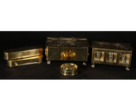 Five Victorian brass boxes including a commemorative Nelson snuff box, 7cm dia. two pen boxes, largest 7.5cm and two caskets,