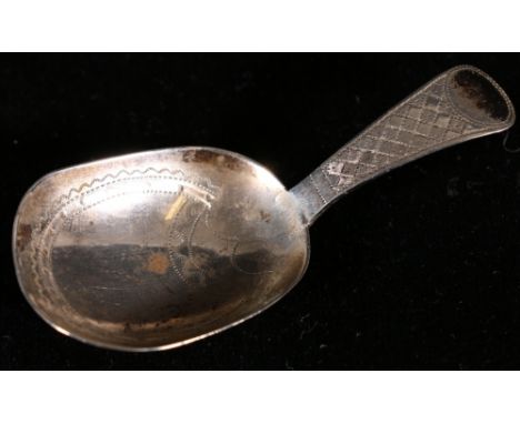 George III silver caddy spoon with engraved and wrigglework decoration, maker Joseph Taylor, Birmingham, 1809, 6.5cm long