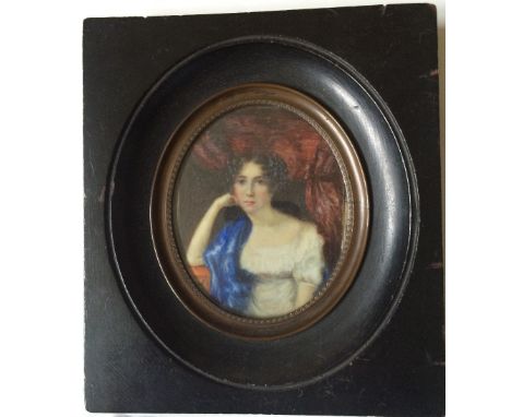 19th century portrait miniature of a woman in a white dress with a blue stole
Watercolour on ivory, 9.5cm x 7cm
Contained wit