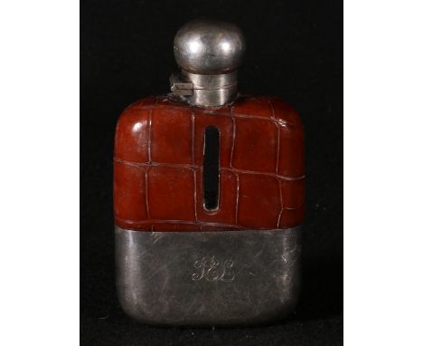 Edwardian silver and leather hip flask with hinged bayonet cup and detachable silver cup, Maker John Deakin & Sons, 14.5cm hi