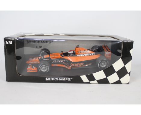 Minichamps- A boxed Minichamps #180000019 1:18 scale Arrows Supertec A21 'J.Verstappen'. The model appears to be in Mint cond