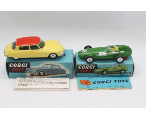 Corgi - 2 x boxed models, a Citroen DS19 in yellow # 210 and a Vanwall Formula 1 Grand Prix car # 150. Both vehicles show lit