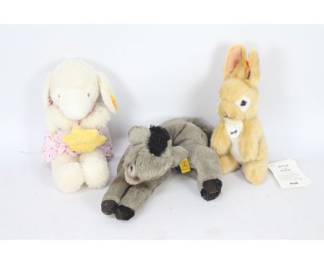 Steiff - Three Steiff plush toys. Lot includes Steiff  #236353 Lamb with Star Pink 26cms (H); #080272 Meiko Rabbit 16cms (H) 