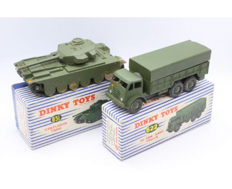 Dinky - 2 x boxed Military models, a Centurion Tank # 651 and a 10 - Ton Army Truck # 622. They both show little sign of play