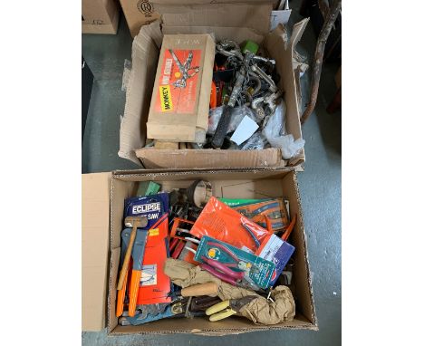 Two boxes of vintage tools to include chisels, pliers, squares, spanners, secateurs, saws etc 