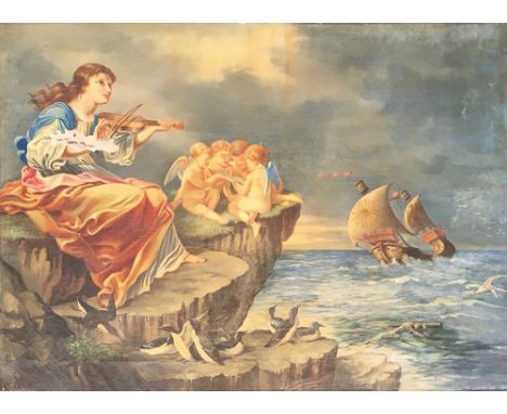 T. Johnston, 1910, oil on canvas, a mythical scene including cherubs on a coastline, signed lower right, 56x76cm; together wi