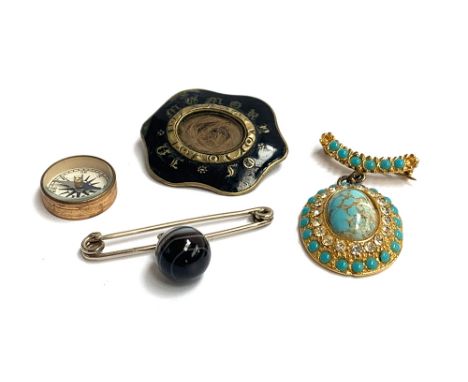 Yellow metal brooch set with turquoise and white stones, a Victorian mourning brooch , 9ct gold crucifix and chain , miniatur