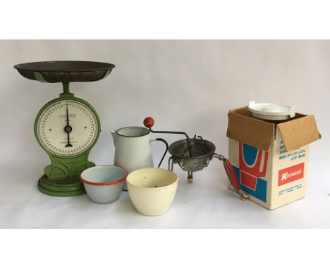 A mixed lot to include a large set of Salter no. 50 scales; enamel jug; bowl; glass Kenwood blender jug; vintage French kitch