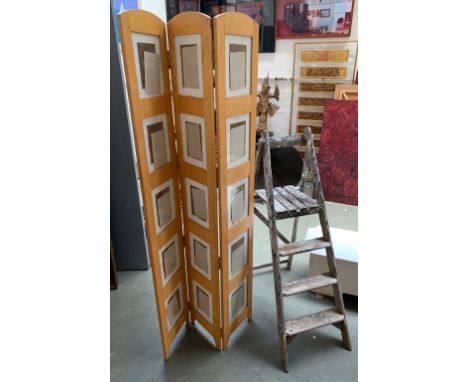 A vintage wooden folding stepladder; together with a three panel photo screen, for 15 photographs, each panel 29x176cm 