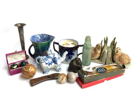 A mixed lot to include lustre jug, various other ceramics, studio pottery partridge bookends, vintage glass bottle, studio po