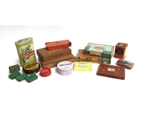 A mixed lot of vintage tins and cigar boxes to include Players cigarettes, Elastoplast, Romac, Chemico, Jacob &amp; Co etc 
