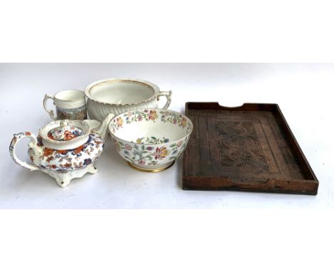 A small quantity of ceramics including Amhurst 'Japan' teapot, Minton 'Haddon Hall' bowl etc; together with a carved Indian t