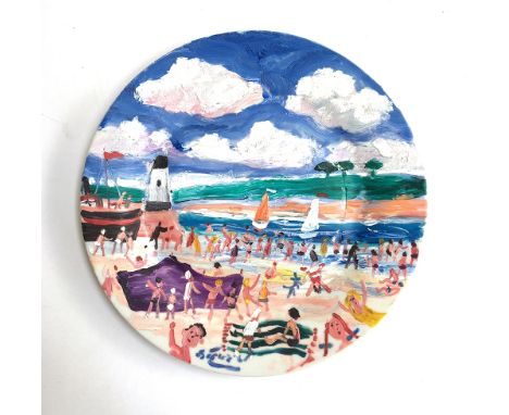 Simeon Stafford, Large Painted Ceramic Plate Depicting St Ives Beach Scene with Figures. Signed by artist. 26cmD 