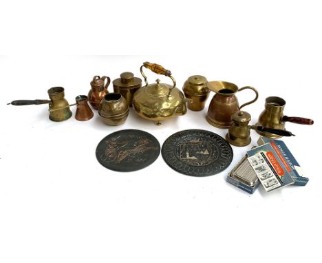 A mixed lot of various brass and copper items, to include two Lipton tea cannisters, Peerage jug, teapot, coffee pots, a Roll