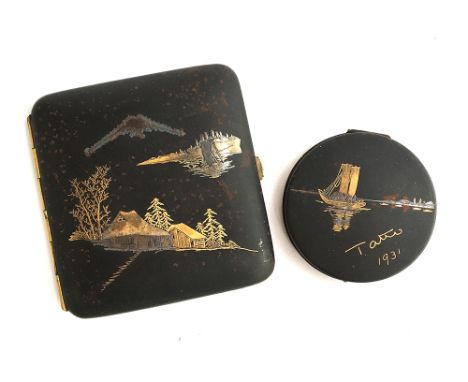 A signed Art Deco 1931 Japanese Damascene Komai Compact with Mirror, iron with silver and gold inlay; together with a damasce