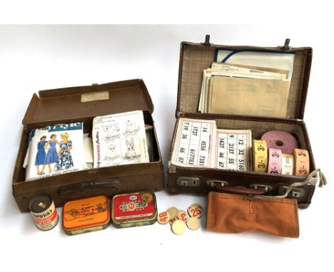 A mixed lot to include vintage sewing patterns, ticket reels, game counters, bingo cards, vintage cigarette, cased jewellery 