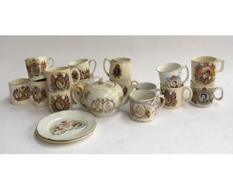 A quantity of commemorative ware, to include Queen Victoria teapot; mugs, cups, plate etc 