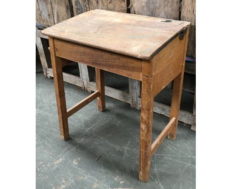 A vintage oak school desk, with hinged slope, 61x44x74cmH 