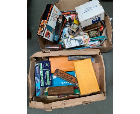 Three boxes of vintage tools, to include various abrasives, drillbits and accessories, galvanised nails and other fixings etc