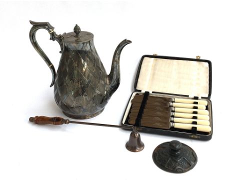 A Mappin Brothers London engraved Lidded Metal Jug with Acorn Finial; together with six boxed knives 'Army &amp; Navy Stores 
