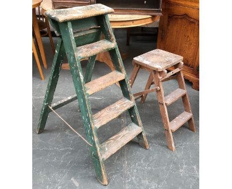 Two small vintage wooden stepladders, the larger 100cmH 