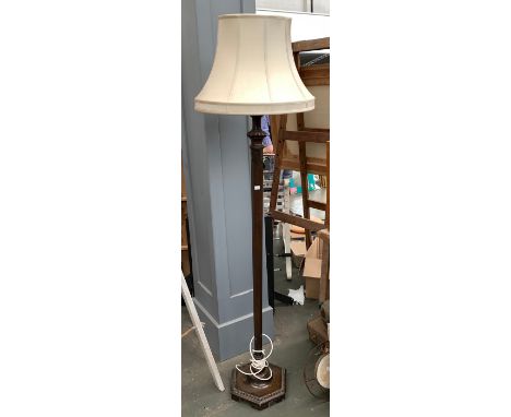 An oak hexagonal tapered standard lamp with shade, 181cmH 