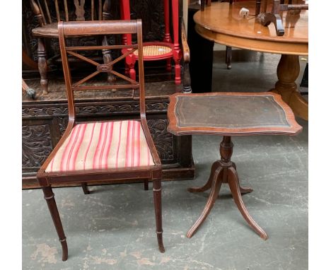 A marquetry and strung mahogany occasional chair, on ring turned legs; together with a shaped occasional table 