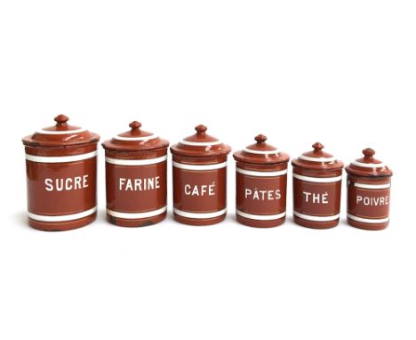A set of six French graduating enamel kitchen jars, 9-14cm high excluding the lids 