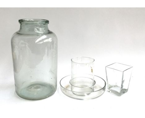 A very large vintage blown glass storage jar, 43cmH; together with three other glass items 