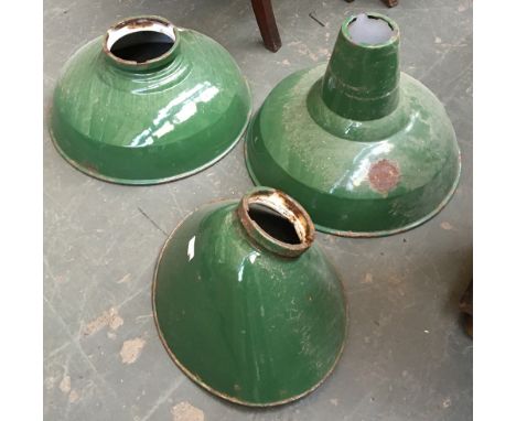 A lot of four vintage green enamel industrial light shades of various sizes 